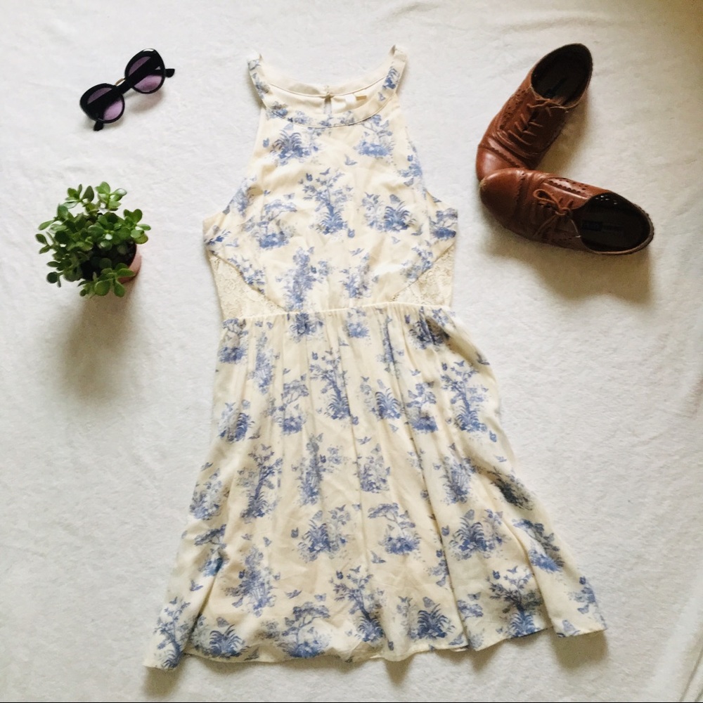 gorgeous floral print blue cream halter dress